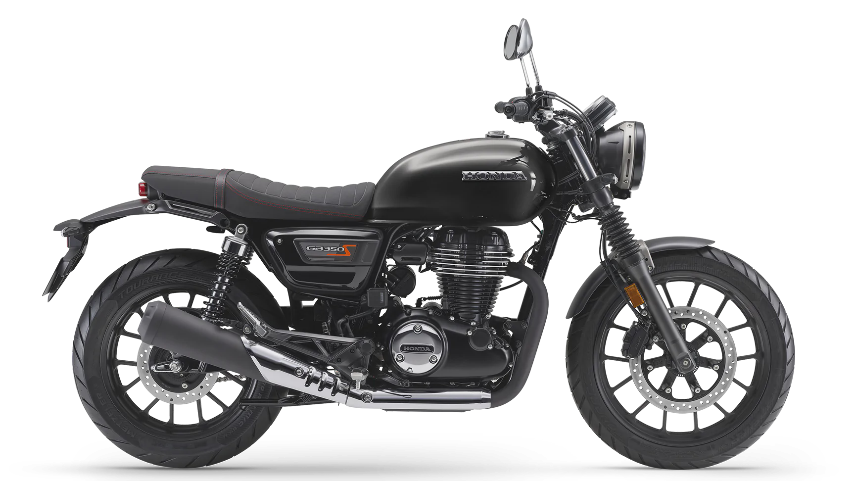 אופנוע הונדה CB350 כחול בהיר, צילום צד, עמידה בחצר חנויות, מנוע קלאסי, מראה פנימי וסידור עגול
