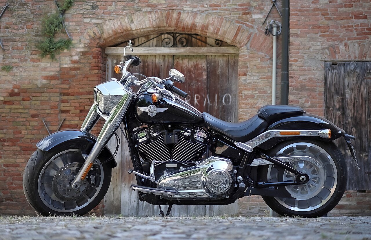 אופנוע Harley-Davidson שחור עם פלטפורמה כrom, צילום צדדי מול קיר אבן עם דלת עץ