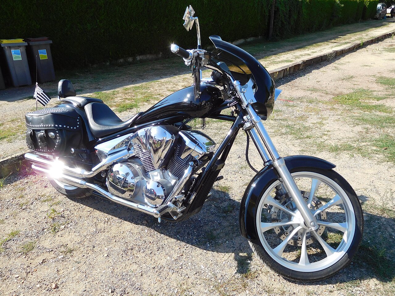 אופנוע Harley-Davidson שחור עם מנוע כרום, צילום צד ימין על שטח חצוב, רקע של שיחים ופחי אשפה