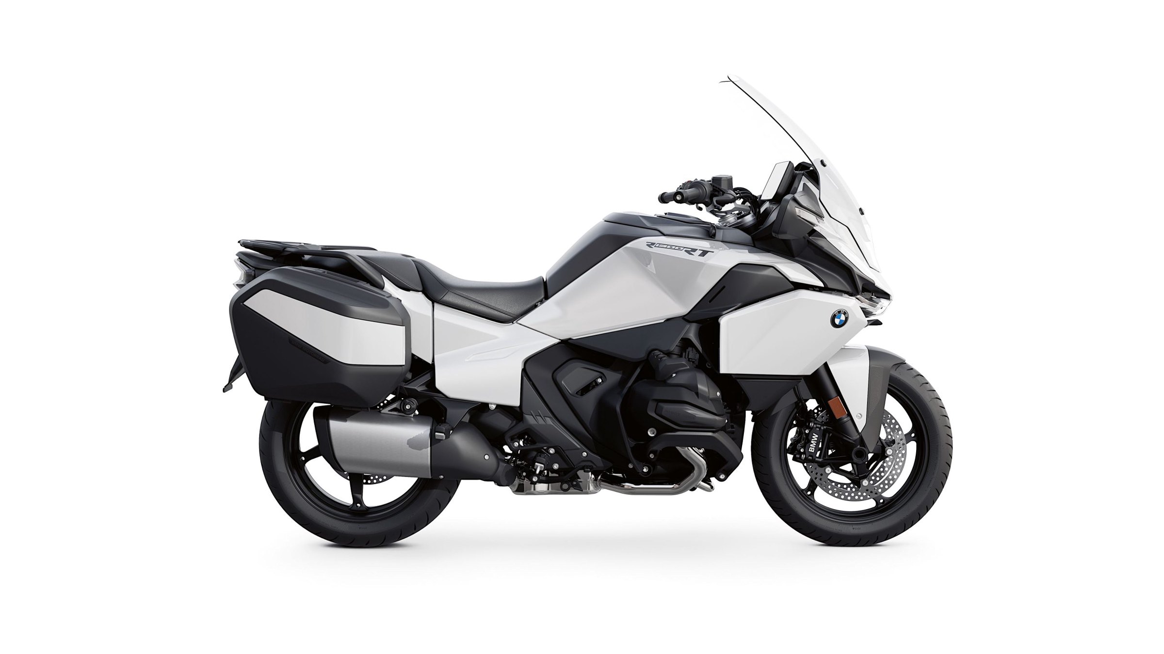 אופנוע BMW R 1300 GS כחול בהיר עם מזוודות, צילום צד מימין על רקע אפור בהיר