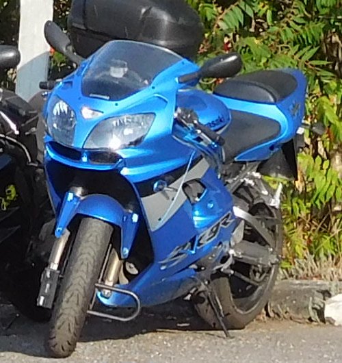 אופנוע ספורטיבי כחול בהיר דגם SV650, צילום קרוב מזווית קדמית, עם מושב שחור וקופסא על הגב, על רקע צמחייה ירוקה