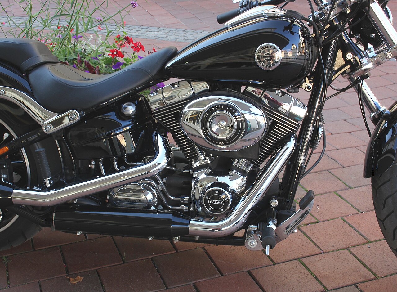 אופנוע Harley-Davidson שחור עם מנוע 103 קובิก אינץ', צילום צד, על רצפת אבני גיר עם פרחים ברקע
