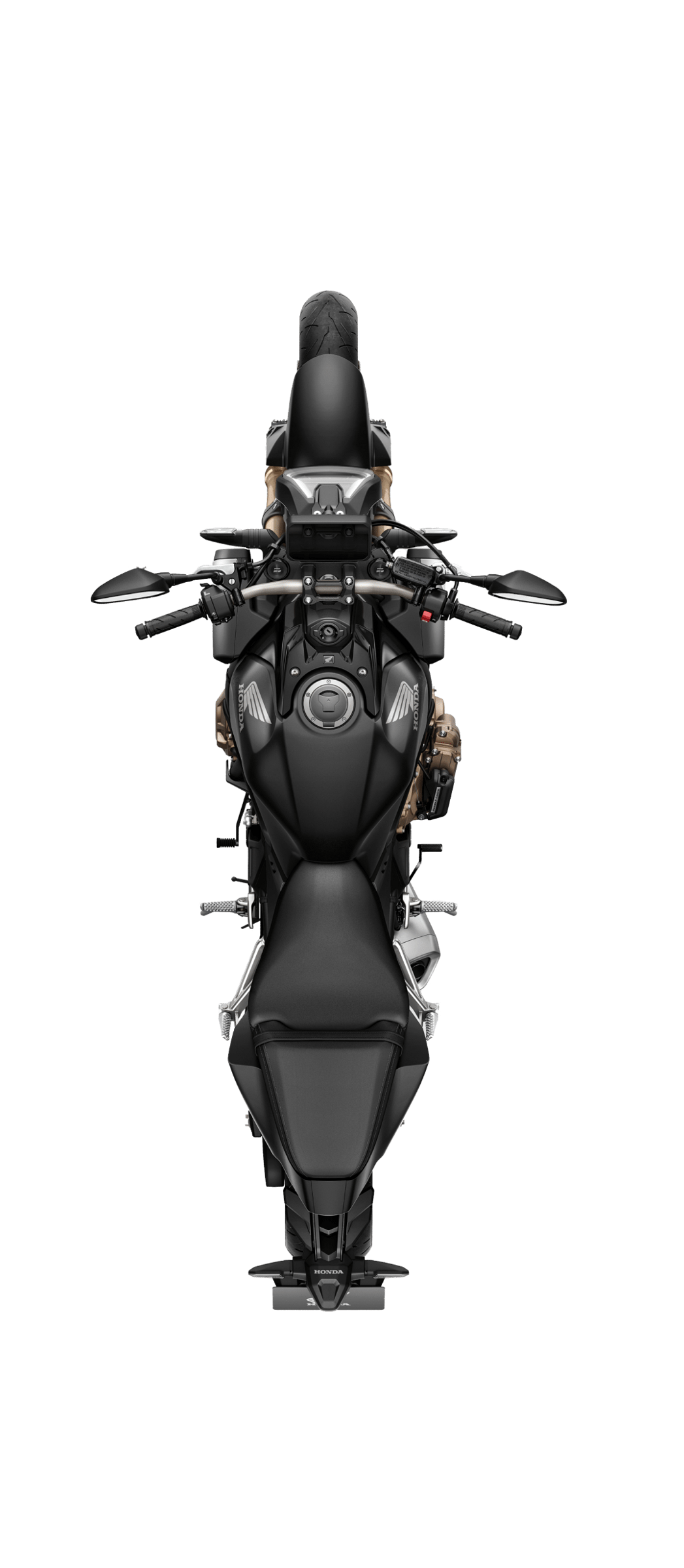 אופנוע הונדה CB300R שחור עם מוטות זהב, צולם בזווית צדית בחלל מודרני עם כיסאות לבנים ורקע של חנות אופנועים.