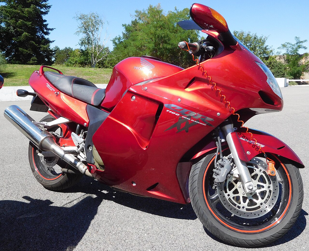 אופנוע הונדה CBR 1100XX אדום, צילום צד, על אספלט עם עצי רקע, דגם סופר בולטדו