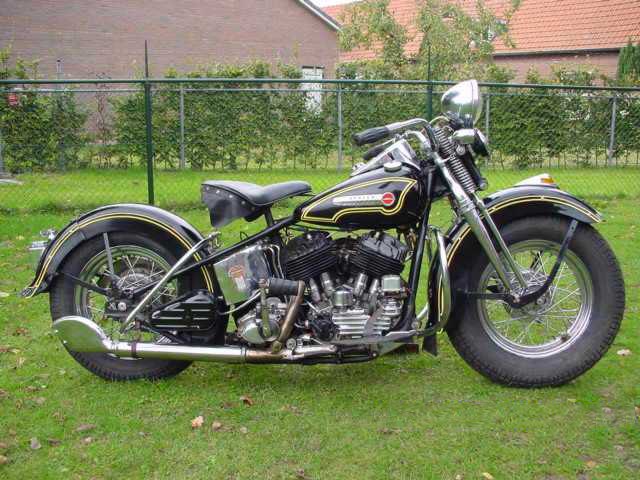 אופנוע Harley-Davidson שחור עם פסים צהובים, צילום צד, על דשא ירוק מול גדר ומבנים