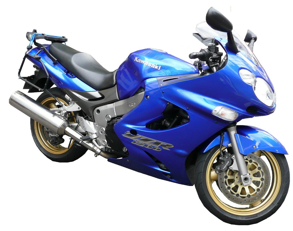 אופנוע Kawasaki ZX-12R כחול בהיר, צילום צד, על רקע לבן, עם מושב שחור וגלגלי זהב